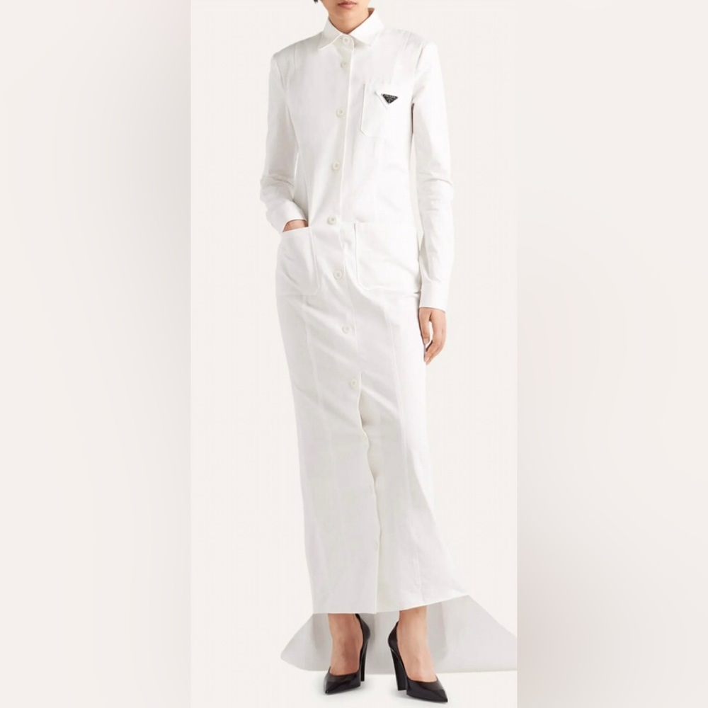 Keeping NWT $3500 Prada White Cotton Gabardine Metal Triangle Logo MaxiGown It42